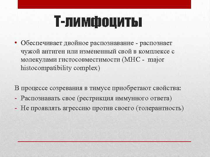 Т-лимфоциты • Обеспечивает двойное распознавание - распознает чужой антиген или измененный свой в комплексе