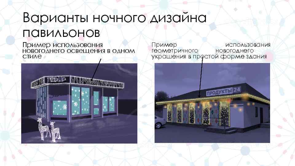 Варианты ночного дизайна павильонов Пример использования новогоднего освещения в одном стиле Пример использования геометричного