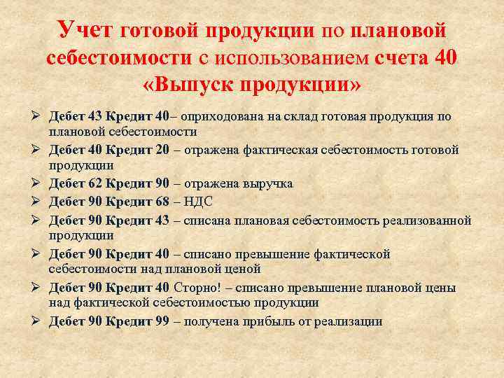 Учет готовой продукции по плановой себестоимости с использованием счета 40 «Выпуск продукции» Ø Дебет