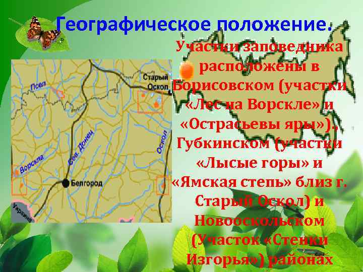 Географическое положение. Участки заповедника расположены в Борисовском (участки «Лес на Ворскле» и «Острасьевы яры»