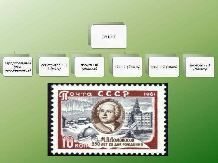 залог страдательный (есть прославляемъ) действительны й (мою) взаимный (знаюсь) общий (боюсь) средний (сплю) возвратный