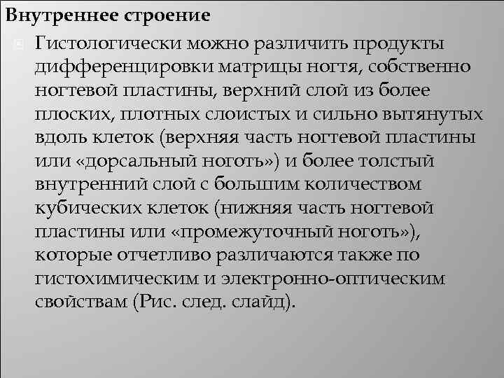 Внутреннее строение Гистологически можно различить продукты дифференцировки матрицы ногтя, собственно ногтевой пластины, верхний слой