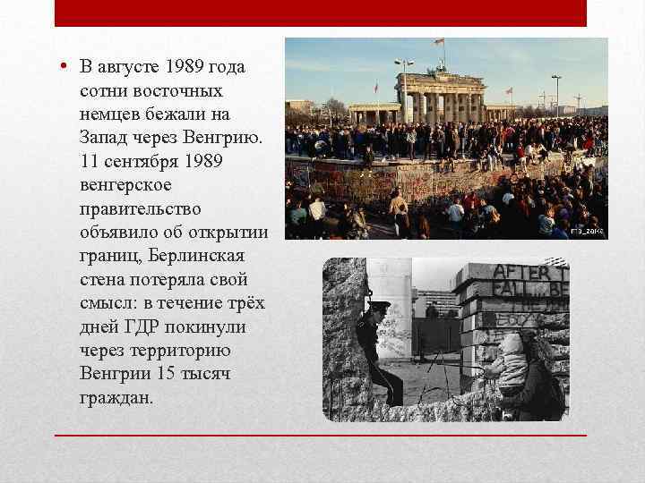  • В августе 1989 года сотни восточных немцев бежали на Запад через Венгрию.