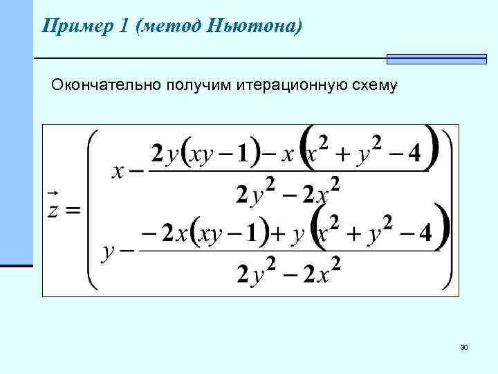 Пример 1 (метод Ньютона) Окончательно получим итерационную схему 30 