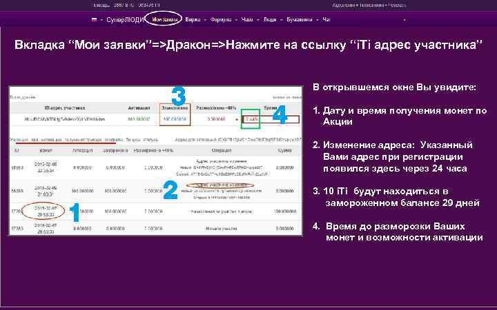 Вкладка “Мои заявки”=>Дракон=>Нажмите на ссылку “i. Ti адрес участника” В открывшемся окне Вы увидите: