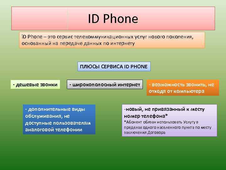 ID Phone i. D Phone – это сервис телекоммуникационных услуг нового поколения, основанный на