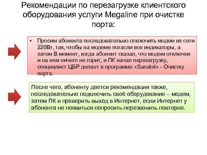 Рекомендации по перезагрузке клиентского оборудования услуги Megaline при очистке порта: • Просим абонента последовательно