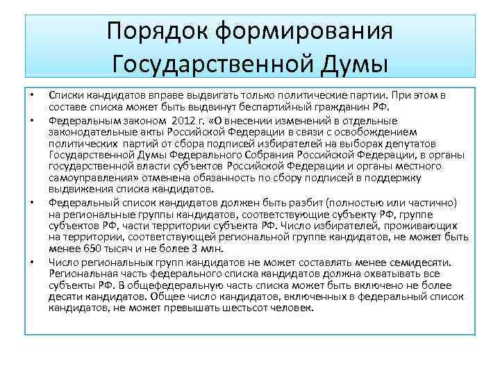 Порядок выдвижения и регистрации кандидатов списков кандидатов. Порядок формирования гос Думы кратко. Формирование государственной Думы. Порядок выдвижения депутатов в ГД.