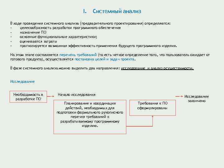 I. Системный анализ В ходе проведения системного анализа (предварительного проектирования) определяются: целесообразность разработки программного