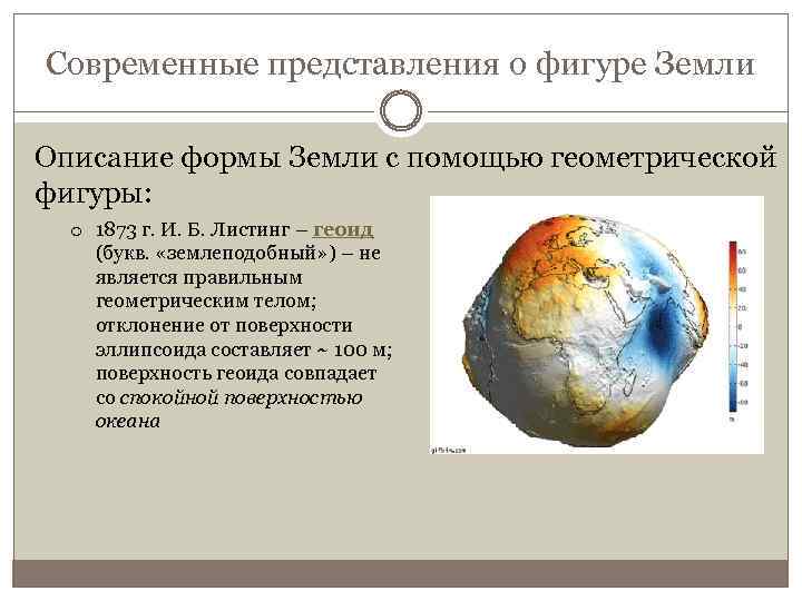 Современные представления о фигуре Земли Описание формы Земли с помощью геометрической фигуры: o 1873