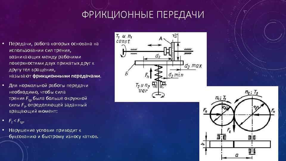 ФРИКЦИОННЫЕ ПЕРЕДАЧИ • Передачи, работа которых основана на использовании сил трения, возникающих между рабочими