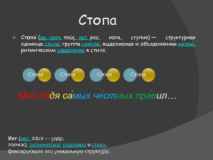 Стопа (др. -греч. πούς, лат. pes, нога, ступня) — структурная единица стиха; группа слогов,