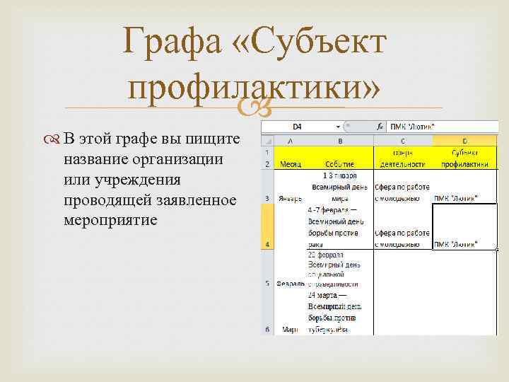 Графа «Субъект профилактики» В этой графе вы пищите название организации или учреждения проводящей заявленное