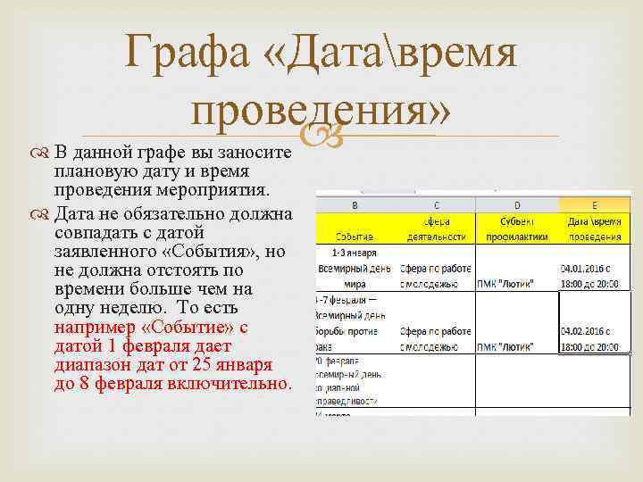 Графа «Датавремя проведения» В данной графе вы заносите плановую дату и время проведения мероприятия.