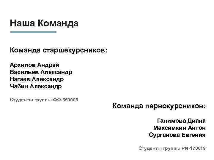 Наша Команда старшекурсников: Архипов Андрей Васильев Александр Нагаев Александр Чабин Александр Студенты группы ФО-350005