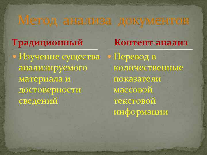 Метод анализа документов Традиционный Контент-анализ Изучение существа Перевод в анализируемого материала и достоверности сведений
