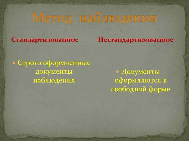 Метод наблюдения Стандартизованное Строго оформленные документы наблюдения Нестандартизованное Документы оформляются в свободной форме 