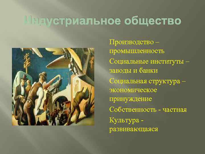 Индустриальное общество Производство – промышленность Социальные институты – заводы и банки Социальная структура –