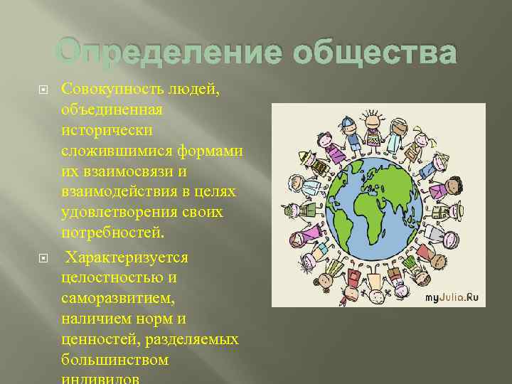 Определение общества Совокупность людей, объединенная исторически сложившимися формами их взаимосвязи и взаимодействия в целях