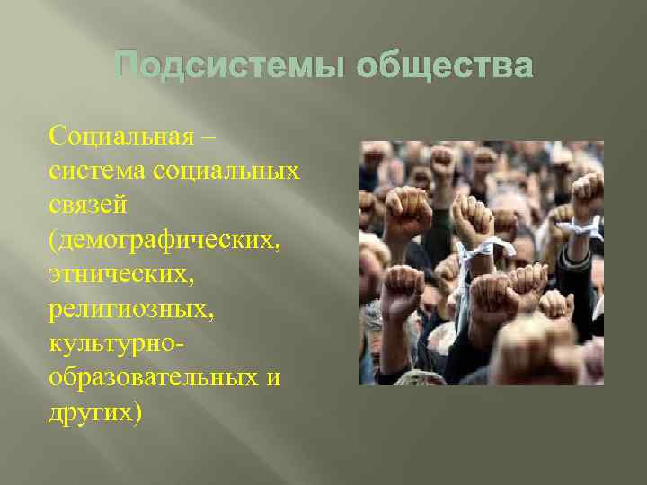 Подсистемы общества Социальная – система социальных связей (демографических, этнических, религиозных, культурнообразовательных и других) 