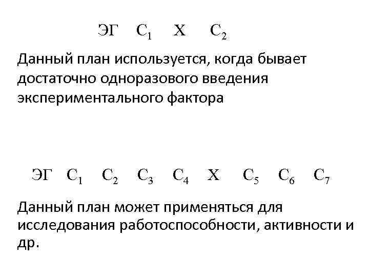 ЭГ С 1 Х С 2 Данный план используется, когда бывает достаточно одноразового введения