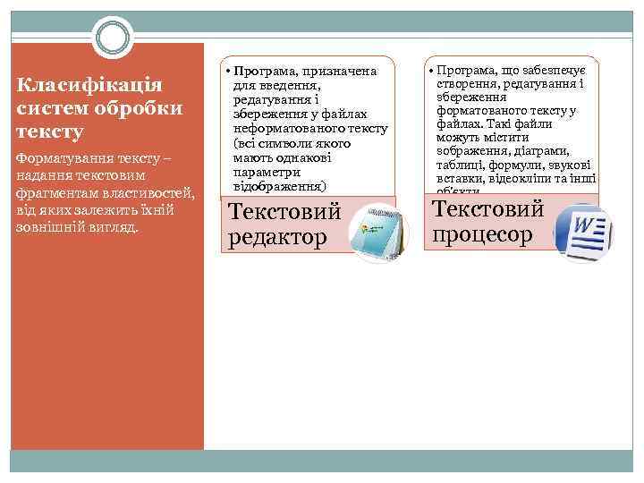 Класифікація систем обробки тексту Форматування тексту – надання текстовим фрагментам властивостей, від яких залежить