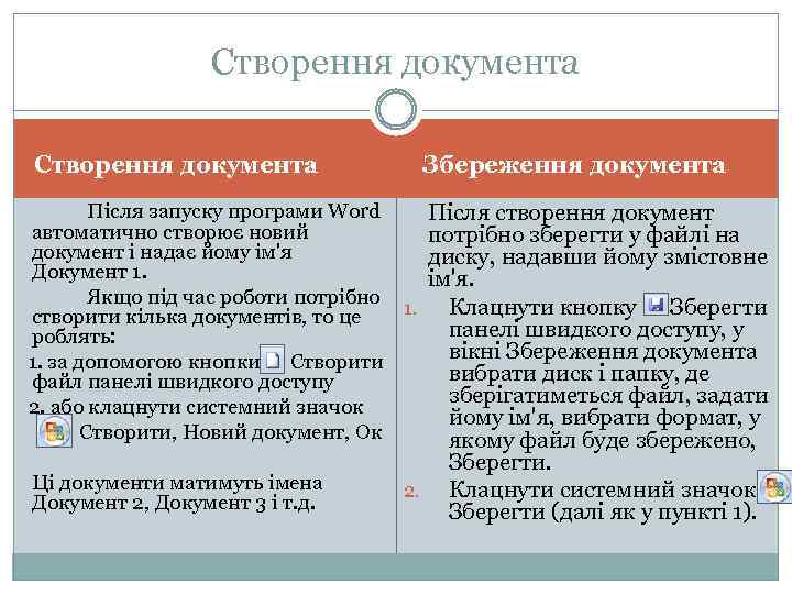 Створення документа Збереження документа Створення документа Після створення документ потрібно зберегти у файлі на