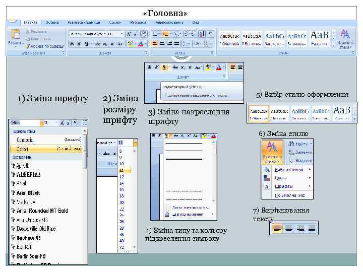  «Головна» 1) Зміна шрифту 2) Зміна розміру шрифту 5) Вибір стилю оформлення 3)