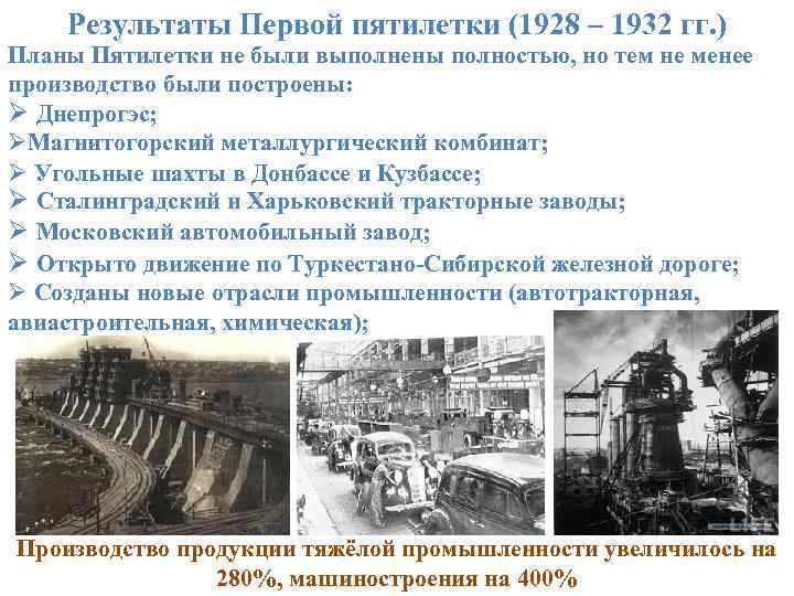 Результаты Первой пятилетки (1928 – 1932 гг. ) Планы Пятилетки не были выполнены полностью,
