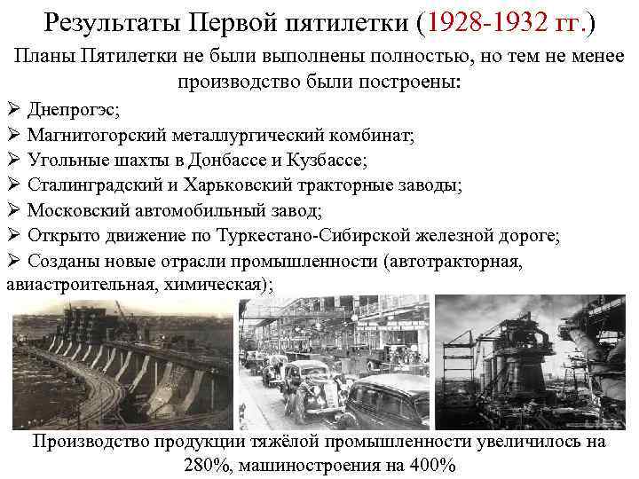 Результаты Первой пятилетки (1928 -1932 гг. ) Планы Пятилетки не были выполнены полностью, но