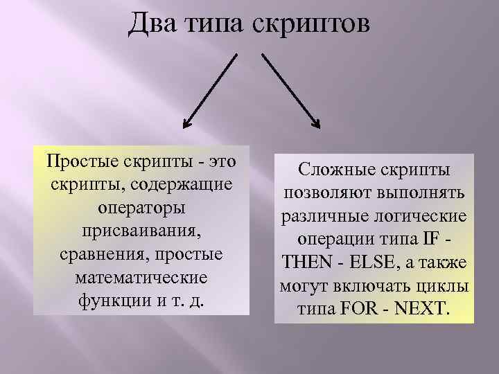 Два типа скриптов Простые скрипты - это скрипты, содержащие операторы присваивания, сравнения, простые математические