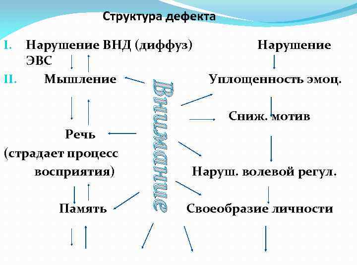 Структура дефекта Нарушение ВНД (диффуз) ЭВС II. Мышление I. Память Внимание Речь (страдает процесс