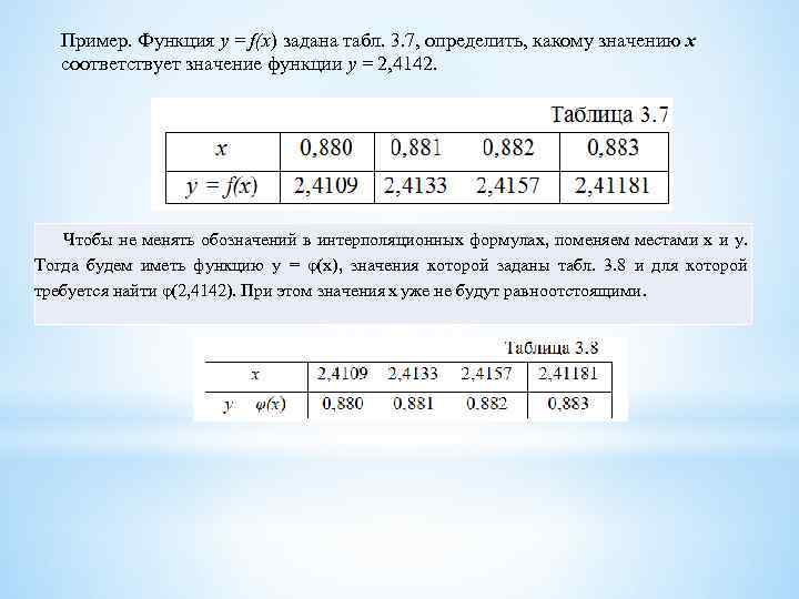 Пример. Функция у = f(x) задана табл. 3. 7, определить, какому значению х соответствует