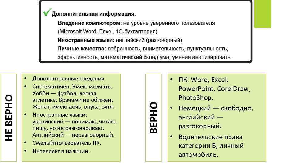 ВЕРНО НЕ ВЕРНО • Дополнительные сведения: • Систематичен. Умею молчать. Хобби — футбол, легкая