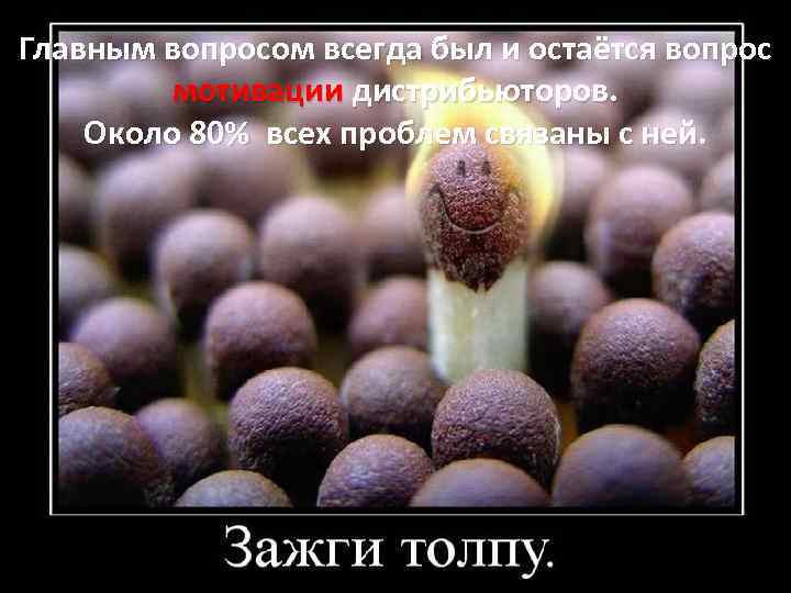 Главным вопросом всегда был и остаётся вопрос мотивации дистрибьюторов. Около 80% всех проблем связаны