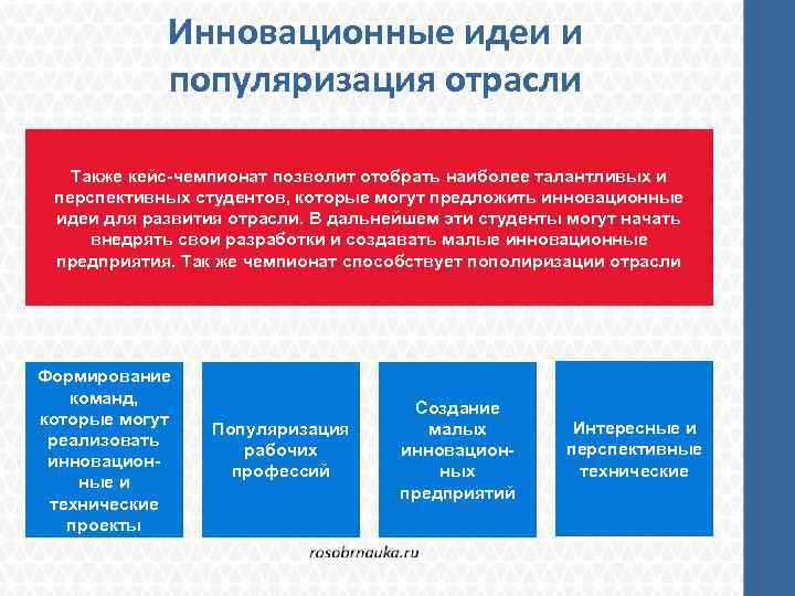 Инновационные идеи и популяризация отрасли Также кейс-чемпионат позволит отобрать наиболее талантливых и перспективных студентов,