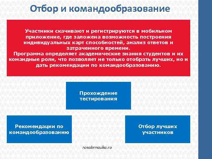 Отбор и командообразование Участники скачивают и регистрируются в мобильном приложение, где заложена возможность построения