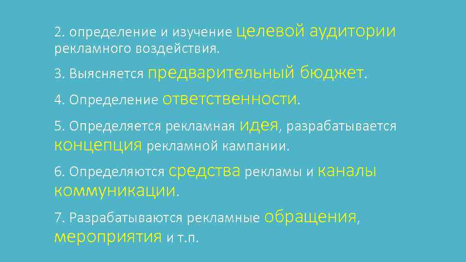 2. определение и изучение целевой аудитории рекламного воздействия. 3. Выясняется предварительный бюджет. 4. Определение