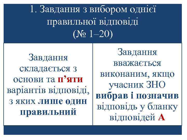 1. Завдання з вибором однієї правильної відповіді (№ 1– 20) Завдання вважається складається з