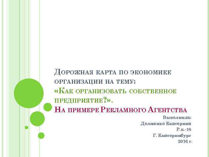 ДОРОЖНАЯ КАРТА ПО ЭКОНОМИКЕ ОРГАНИЗАЦИИ НА ТЕМУ: «КАК ОРГАНИЗОВАТЬ СОБСТВЕННОЕ ПРЕДПРИЯТИЕ? » . НА