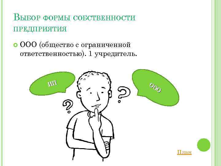 ВЫБОР ФОРМЫ СОБСТВЕННОСТИ ПРЕДПРИЯТИЯ ООО (общество с ограниченной ответственностью). 1 учредитель. ИП ОО О