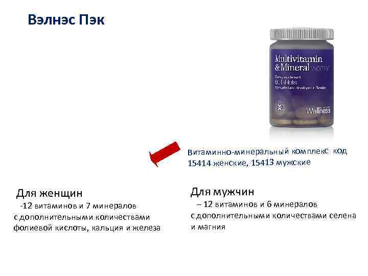 Вэлнэс Пэк Витаминно-минеральный комплекс код 15414 женские, 15413 мужские Для женщин -12 витаминов и