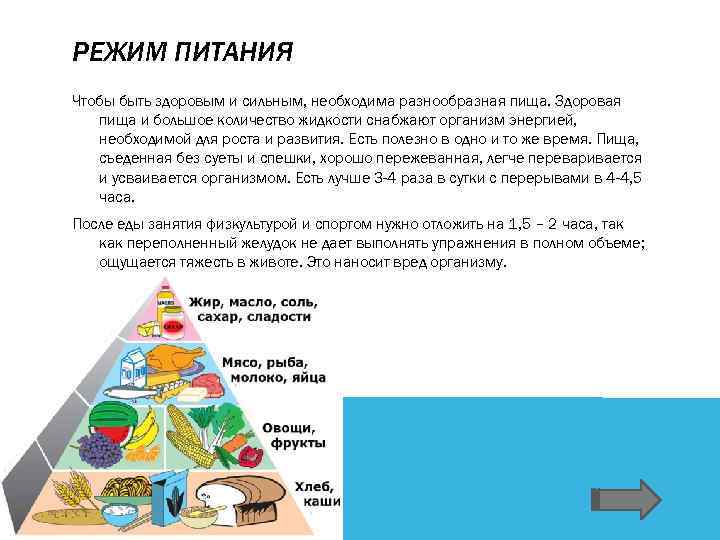 РЕЖИМ ПИТАНИЯ Чтобы быть здоровым и сильным, необходима разнообразная пища. Здоровая пища и большое