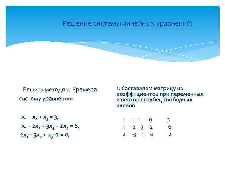 Решение системы линейных уравнений: Решить методом Кремера систему уравнений: x 1 – x 2