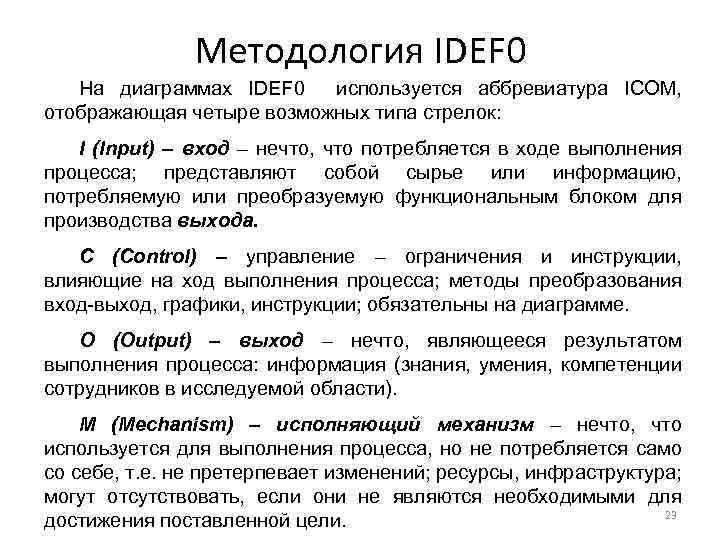 Методология IDEF 0 На диаграммах IDEF 0 используется аббревиатура ICOM, отображающая четыре возможных типа