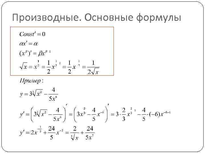 Производные. Основные формулы 