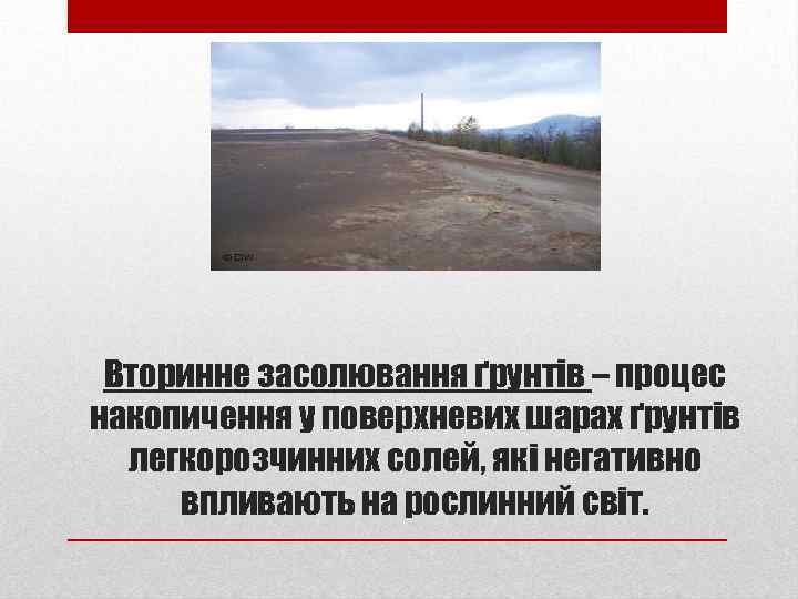 Вторинне засолювання ґрунтів – процес накопичення у поверхневих шарах ґрунтів легкорозчинних солей, які негативно