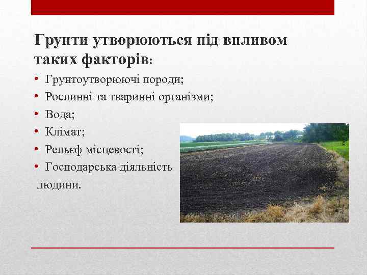 Грунти утворюються під впливом таких факторів: • Грунтоутворюючі породи; • Рослинні та тваринні організми;