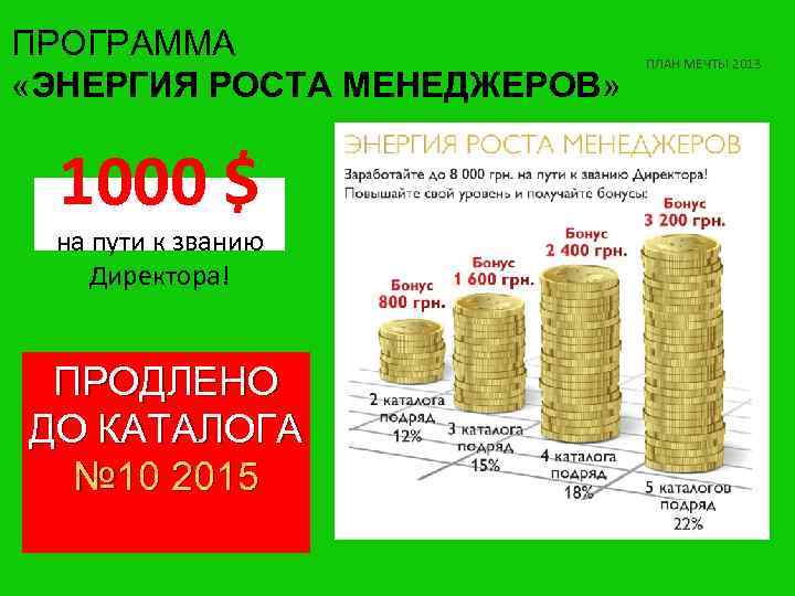 ПРОГРАММА «ЭНЕРГИЯ РОСТА МЕНЕДЖЕРОВ» 1000 $ на пути к званию Директора! ПРОДЛЕНО ДО КАТАЛОГА
