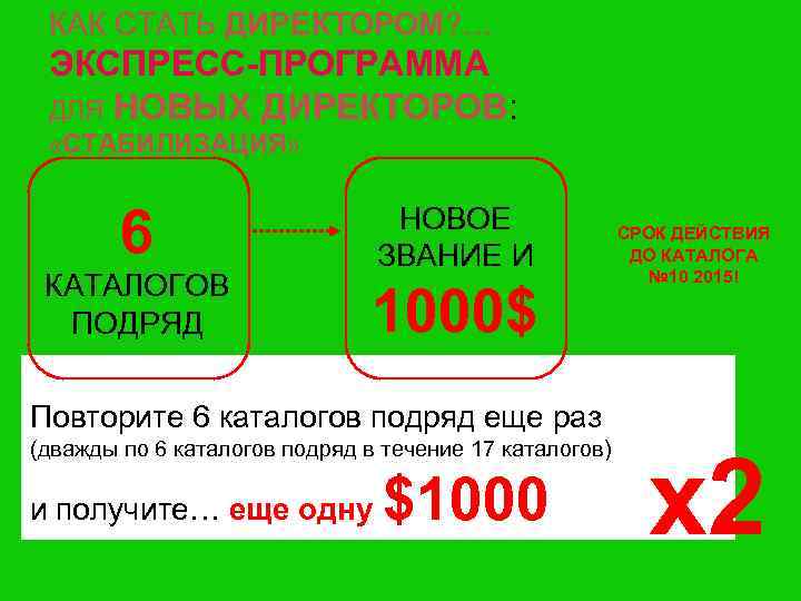КАК СТАТЬ ДИРЕКТОРОМ? … ЭКСПРЕСС-ПРОГРАММА ДЛЯ НОВЫХ ДИРЕКТОРОВ: «СТАБИЛИЗАЦИЯ» 6 КАТАЛОГОВ ПОДРЯД НОВОЕ ЗВАНИЕ